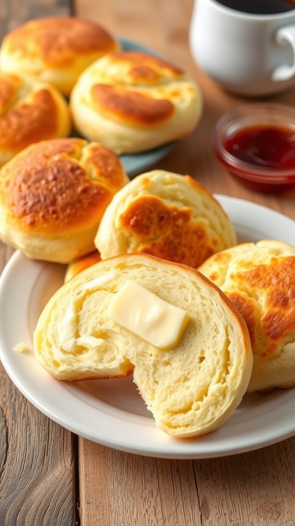 Fluffy cloud bread English muffins sliced in half, topped with butter, on a rustic table with jam and coffee.